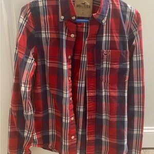 Hollister Men's Vibrant Red and Navy Plaid Shirt